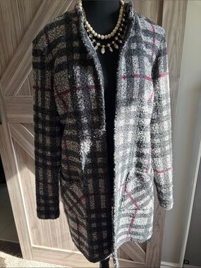 Women's Grey Plaid Open Front Sweater Coat with Pink Accents